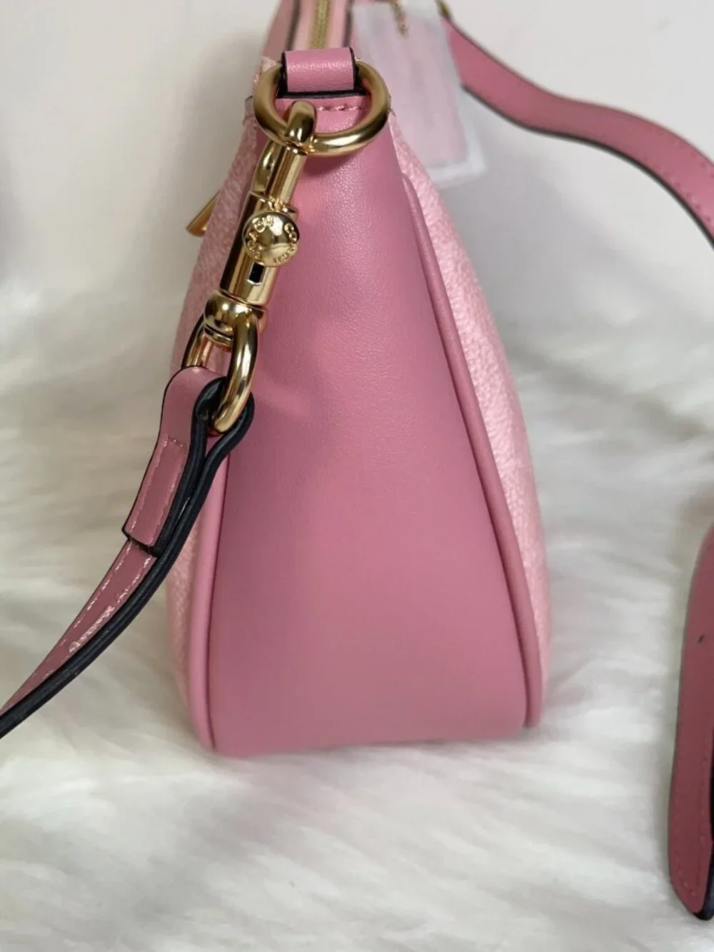 Pink Curved Shoulder Bag Signature Pattern With Adjustable Crossbody Strap